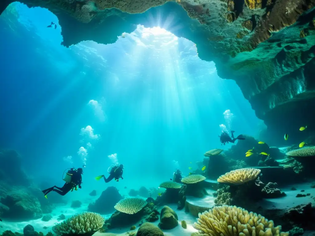 Exploración de cuevas submarinas, descubriendo la biodiversidad marina entre corales y cuevas iluminadas por el sol