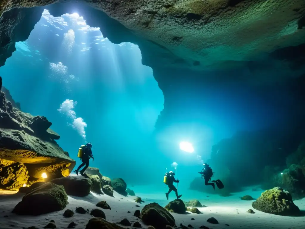 Exploración de cuevas submarinas en ecosistemas: Equipo de buceo explora una cueva marina, iluminando la oscuridad con luces submarinas