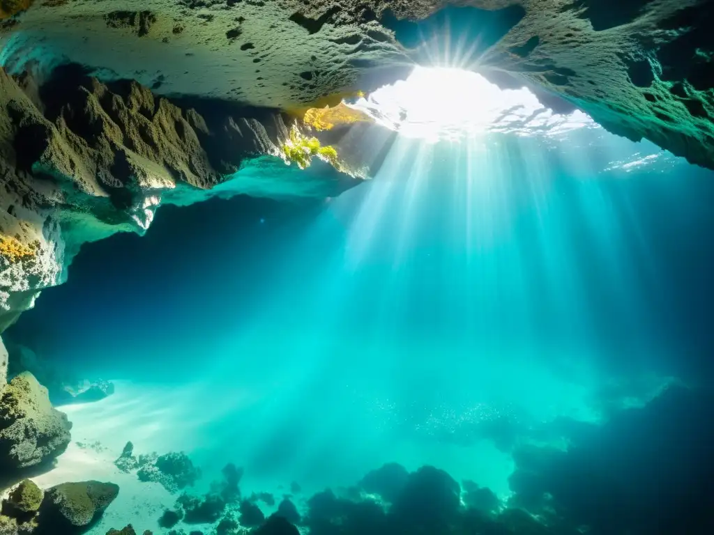 Exploración de cuevas submarinas en ecosistemas: Fotografía impresionante de una cueva marina, con aguas turquesas cristalinas que se adentran en la oscuridad misteriosa