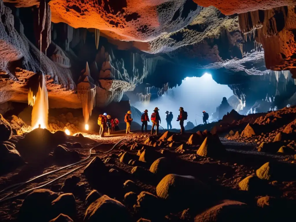 Exploración en cuevas volcánicas con formaciones de lava, estalactitas y estalagmitas, ambiente misterioso y etéreo