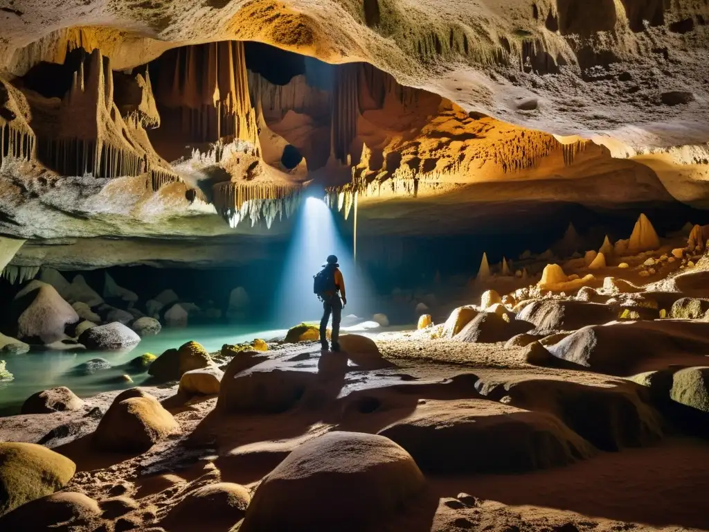 Exploración de descubrimientos arqueológicos en cuevas, con formaciones naturales y un arqueólogo examinando artefactos antiguos