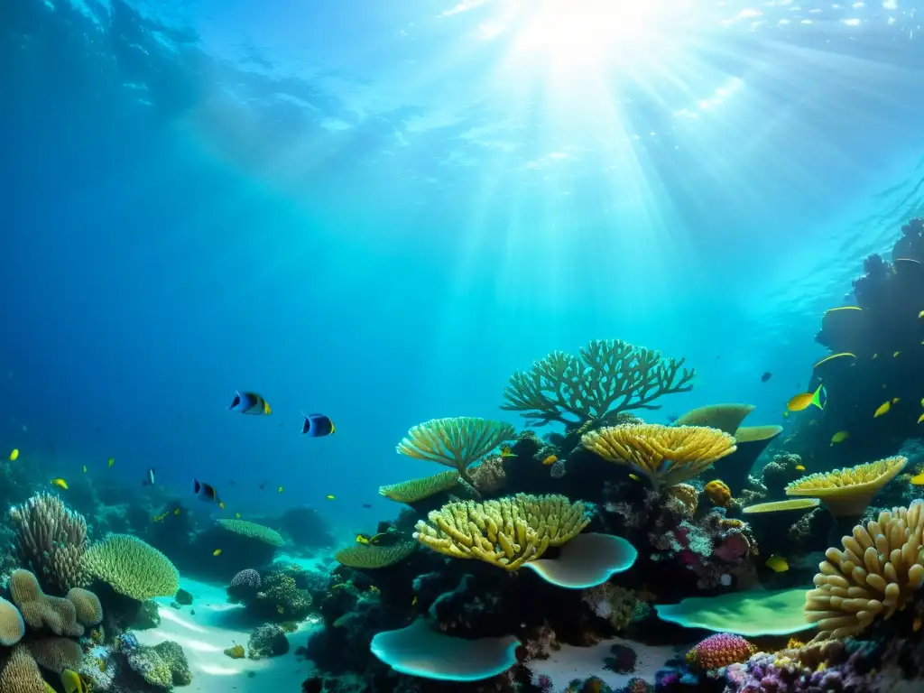 Exploración de la diversa vida marina en un arrecife de coral vibrante, con peces coloridos y plantas marinas