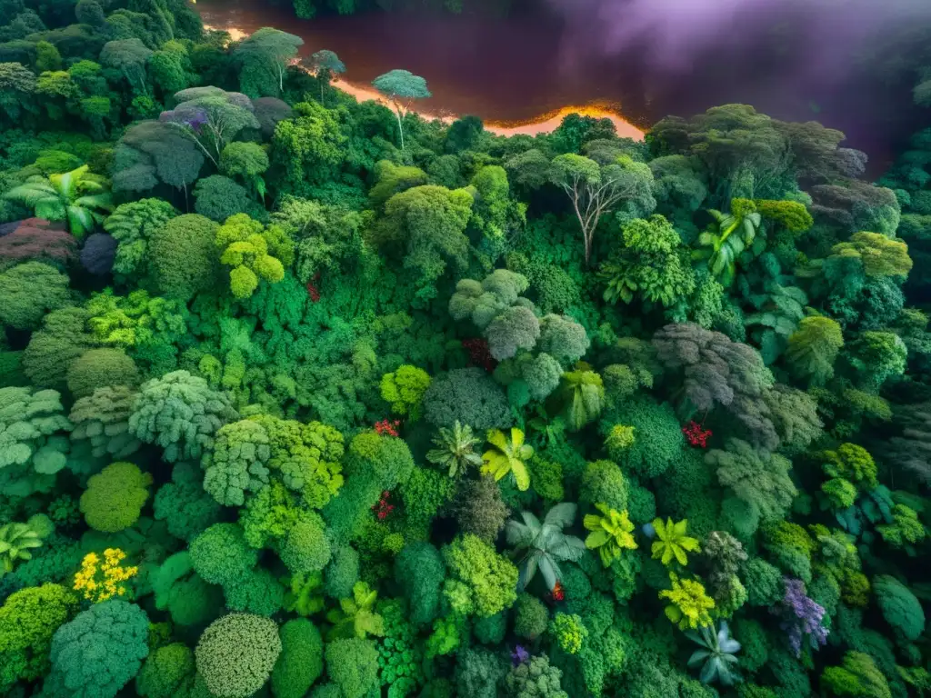 Exploración de la diversidad del ecosistema de la selva del Congo: exuberante vegetación, aves coloridas y un río serpenteante