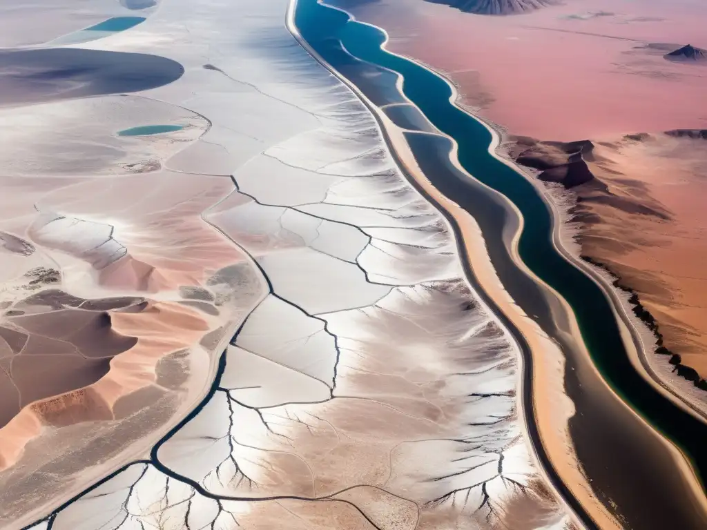 Exploración del ecosistema desierto Atacama: Fotografía aérea de la vasta y árida belleza del desierto, con salares, dunas y montañas