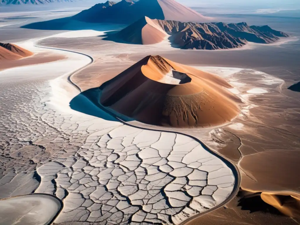 Exploración del ecosistema desierto Atacama: Fotografía aérea de la vasta e impresionante belleza del desierto, con salares, dunas y montañas