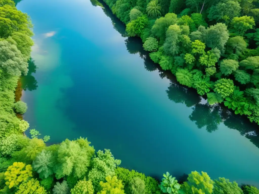 Exploración de ecosistemas acuáticos mundo: Sereno río serpenteando por exuberante bosque, reflejando vida y armonía natural