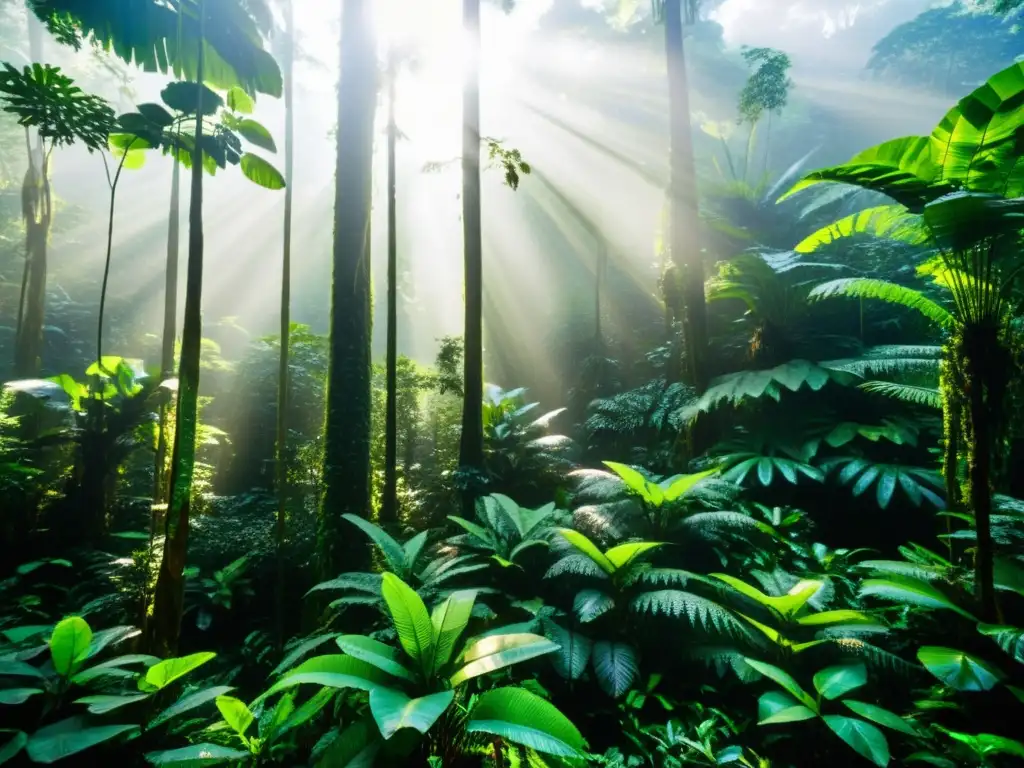 Exploración de los ecosistemas antiguos de Borneo: exuberante selva tropical con árboles gigantes, follaje verde vibrante y vida silvestre colorida