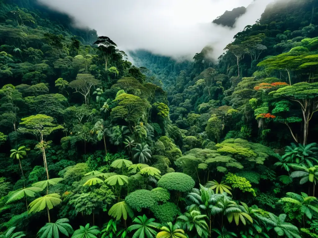 Exploración de los ecosistemas antiguos de Borneo: selva exuberante con árboles imponentes, vida silvestre diversa y un juego de luces y sombras