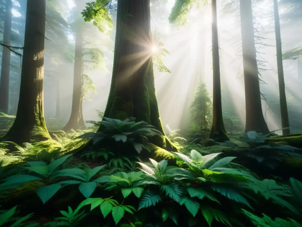 Exploración de ecosistemas bosques primarios: Imponente bosque primario con árboles altos, vegetación diversa y juego de luces y sombras