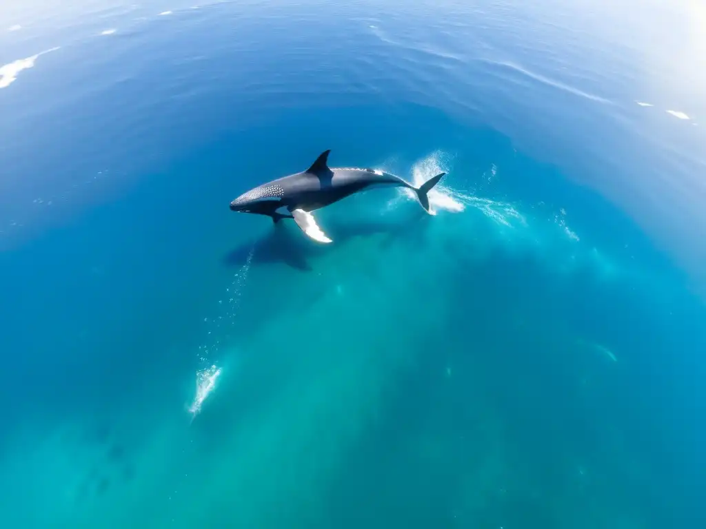 Exploración de ecosistemas marinos pelágicos: Majestuosa vida marina en un océano azul, con patrones de luz y una ballena jorobada emergiendo