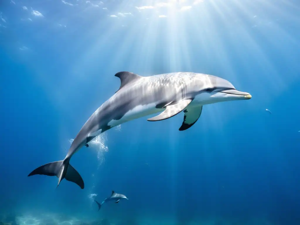 Exploración de ecosistemas marinos pelágicos: Océano azul profundo con peces plateados, delfines saltando y aves volando