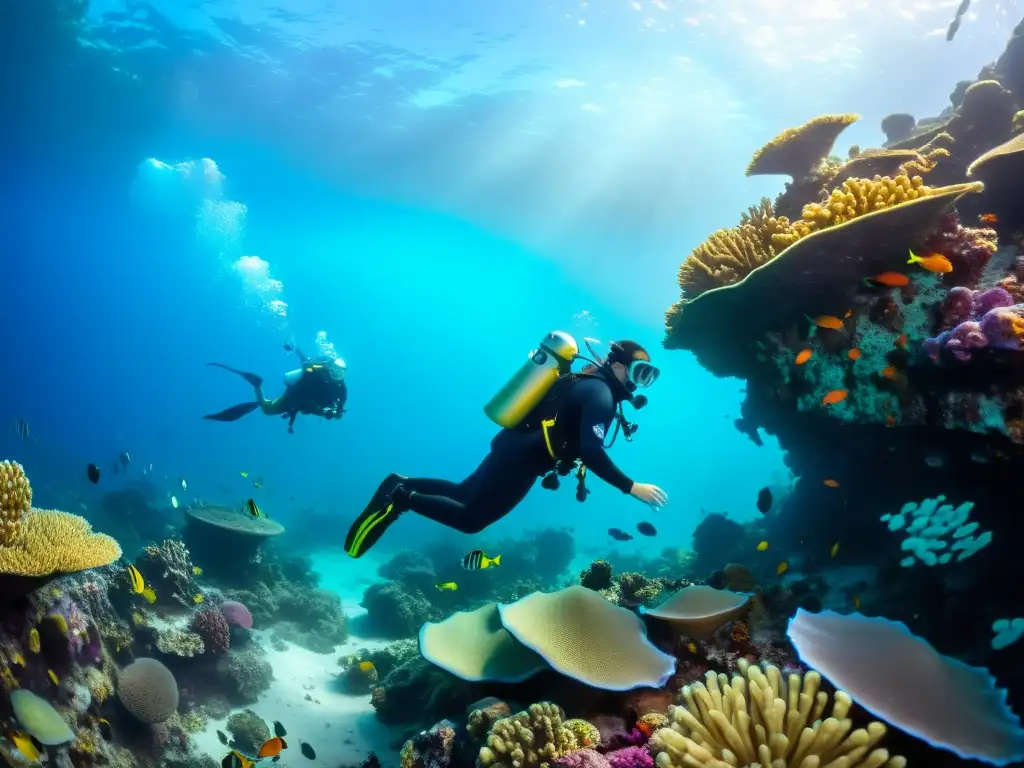 Exploración de ecosistemas submarinos: buzos explorando un vibrante arrecife de coral, rodeados de vida marina colorida y un naufragio en la distancia