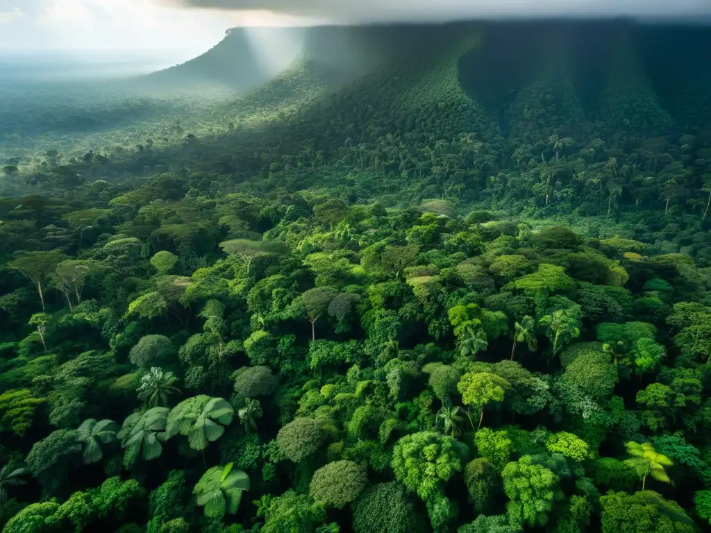 Exploración de la biodiversidad en la exuberante selva del Congo, con un juego hipnótico de luz y sombra en el denso dosel verde