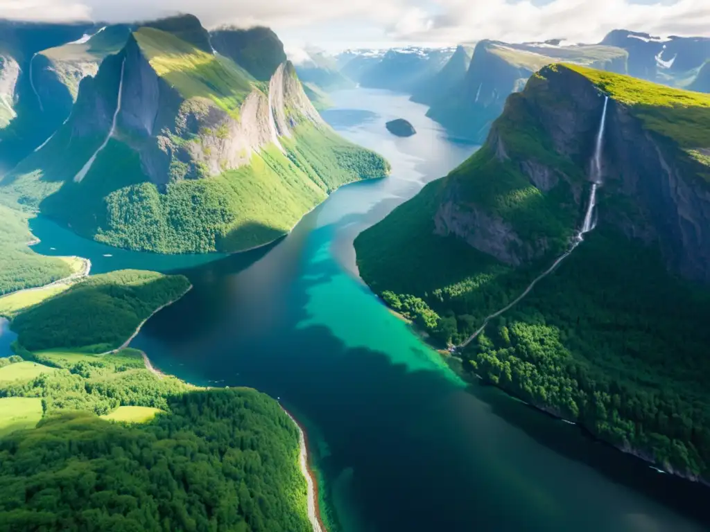 Exploración de los impresionantes fiordos escandinavos: aguas cristalinas entre acantilados verdes, barco navegando, luz y sombra