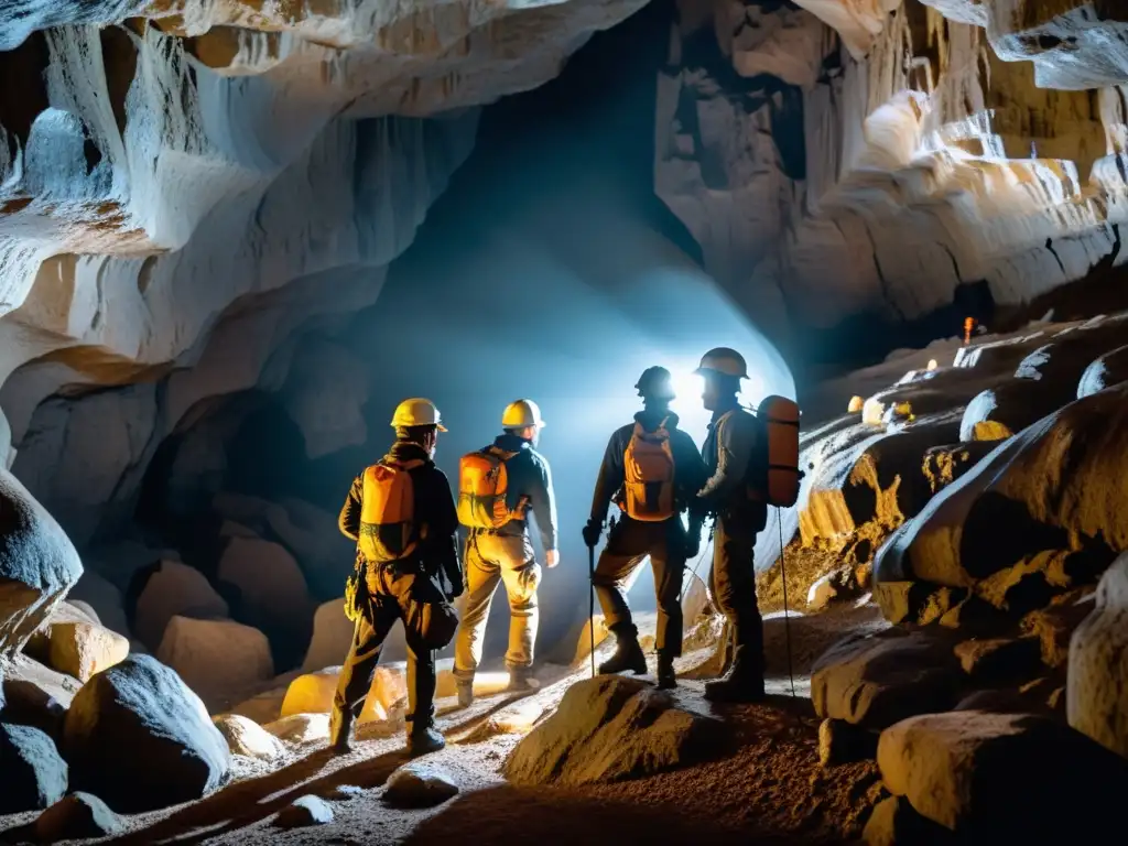 Exploración intrépida de maravillas ecosistemas subterráneos entre estalactitas y estalagmitas, con espeleólogos iluminados por sus linternas