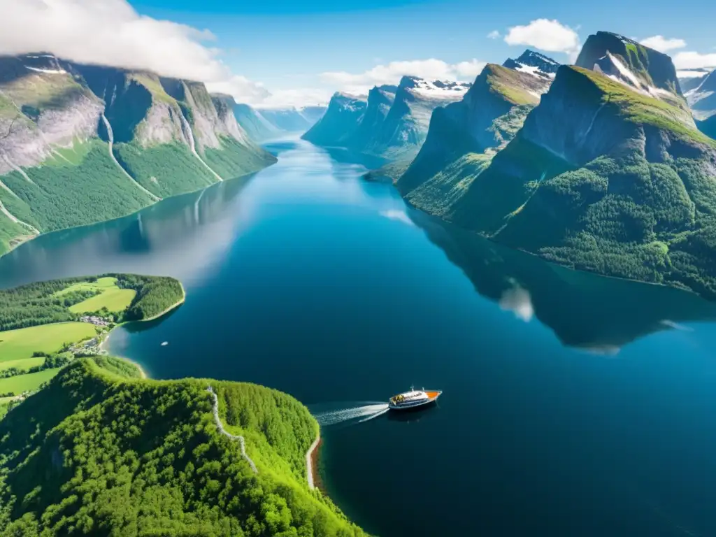 Exploración de los majestuosos fiordos escandinavos: aguas cristalinas reflejando el cielo azul, montañas nevadas y bosques exuberantes