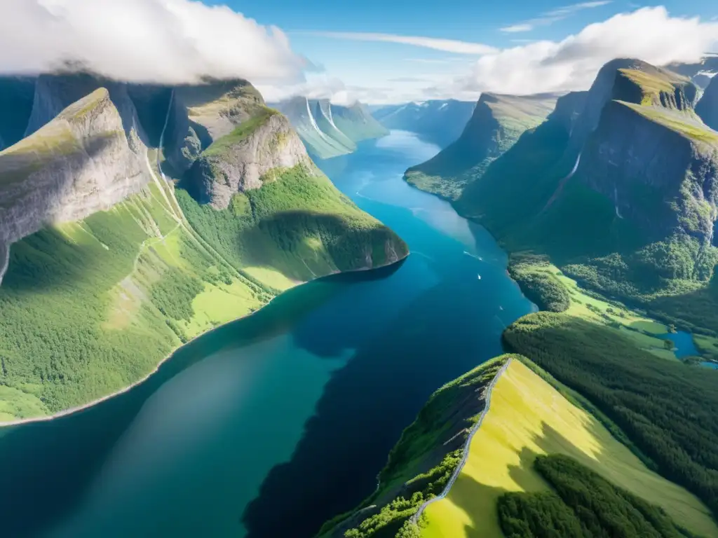 Exploración de los majestuosos fiordos escandinavos, con acantilados verdes y aguas cristalinas reflejando montañas y follaje vibrante