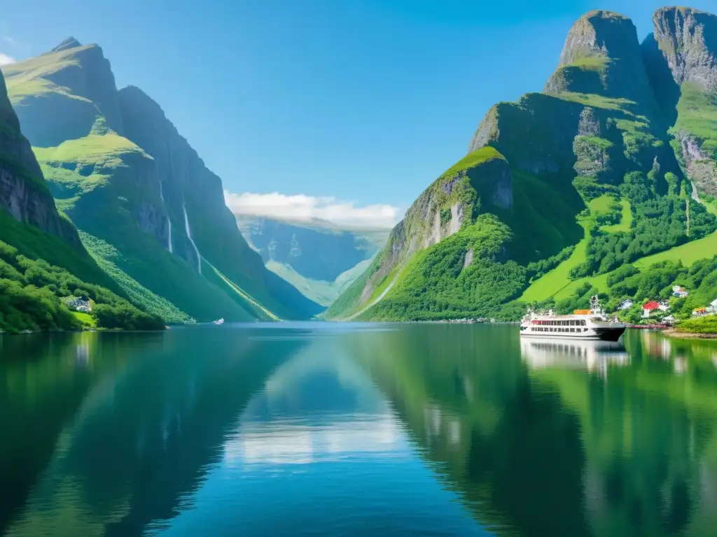 Exploración de los majestuosos fiordos escandinavos: barco turístico en aguas serenas, rodeado de imponentes acantilados verdes y reflejos en el agua