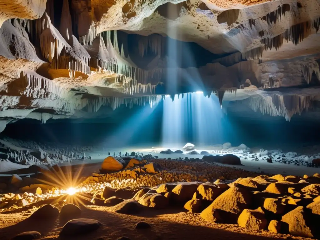 Exploración de maravillas en ecosistemas subterráneos: caverna iluminada por luz natural, estalactitas y estalagmitas detalladas en claridad cristalina