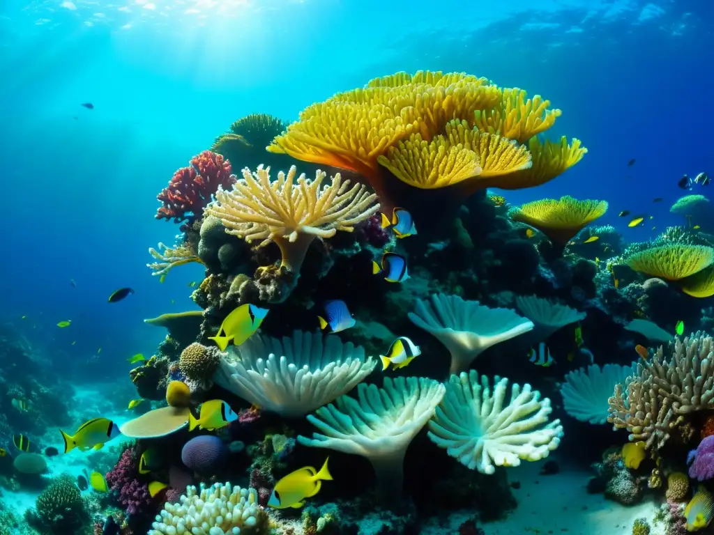 Exploración de la ecología marina en un vibrante arrecife de coral, poblado por peces de colores y exuberante vida marina