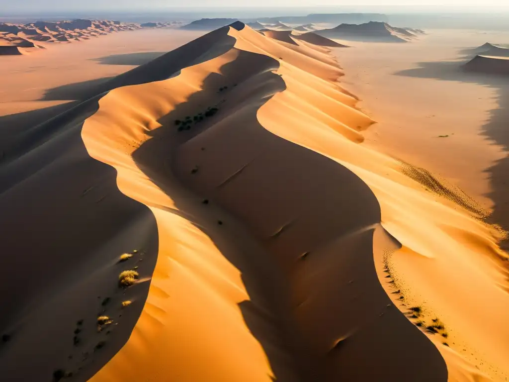 Exploración profunda de la biodiversidad del Sahara: una vista aérea impresionante de dunas, rocas y vegetación en un juego de luz y sombra