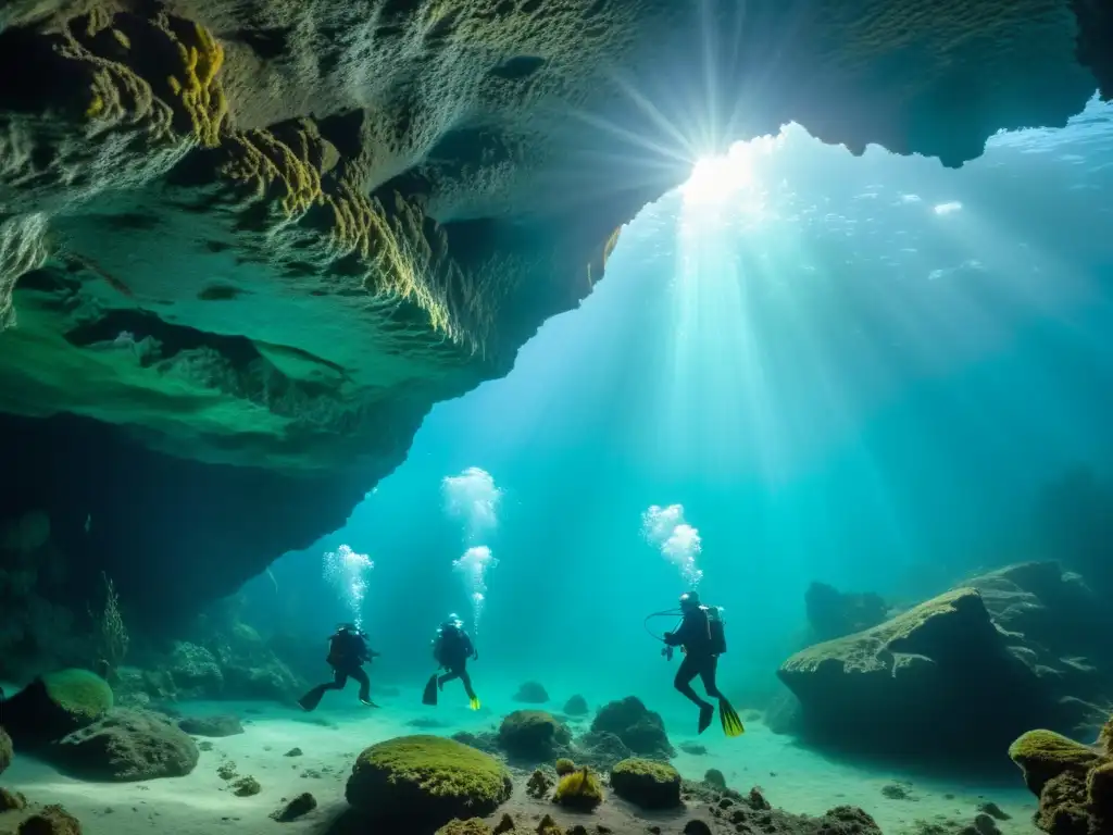 Exploración de lagos profundos con tecnología muestra científicos en cuevas acuáticas, fauna y flora subacuática