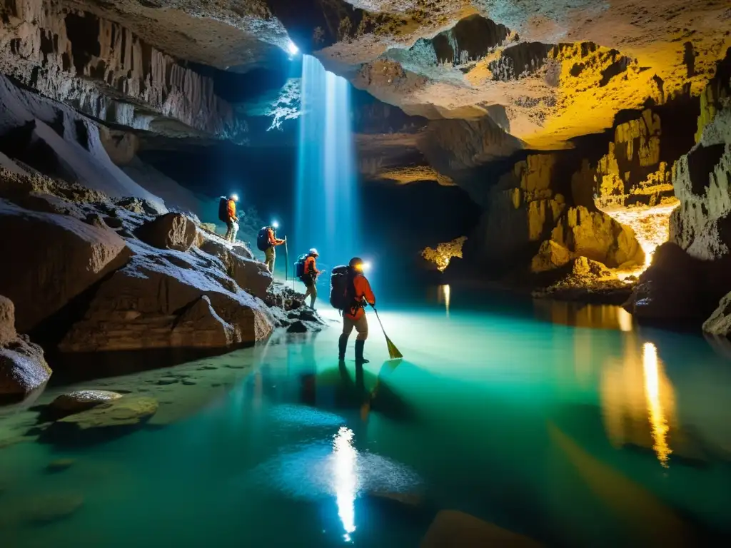 Exploración de ríos subterráneos desconocidos: Equipo de exploradores en un río subterráneo, iluminados por lámparas, descubriendo maravillas ocultas