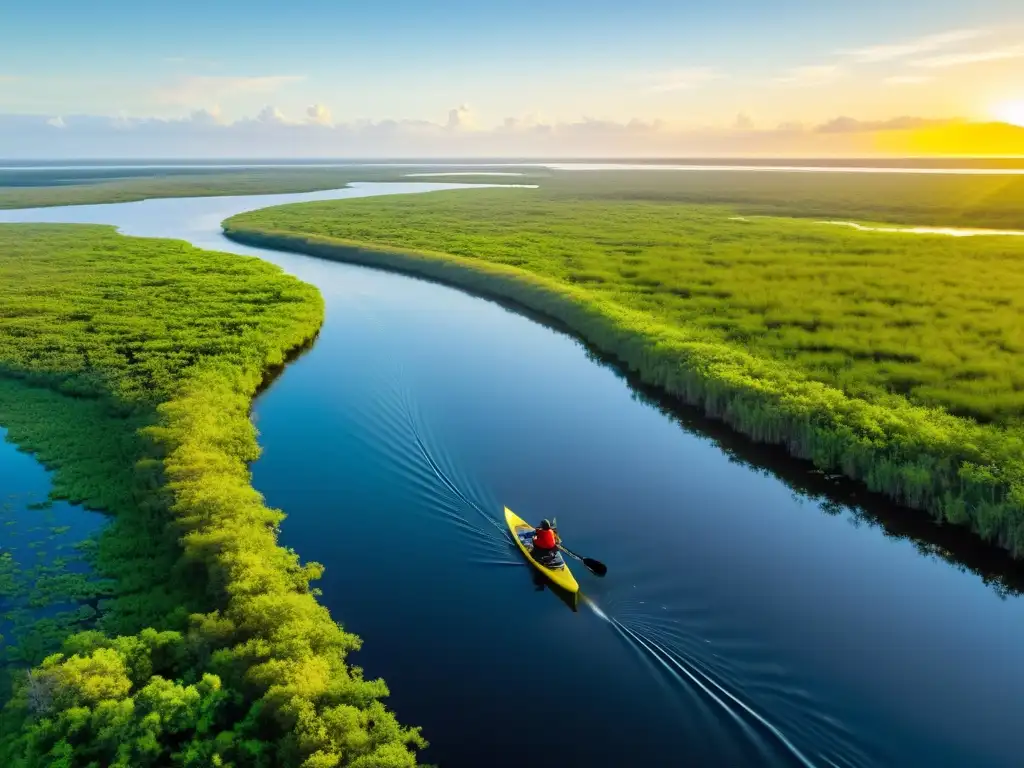 Exploración tranquila en kayak por la riqueza acuática de los Everglades, transmitiendo la importancia de su conservación ambiental