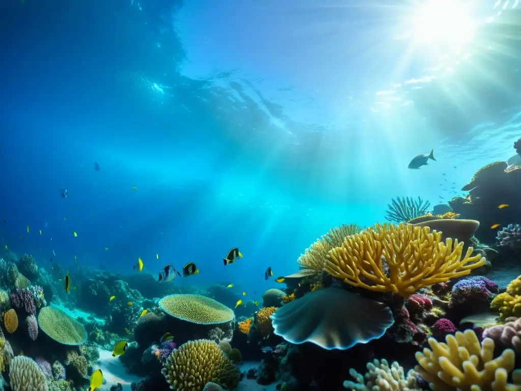 Exploración de la biodiversidad en un vibrante arrecife de coral, hogar de peces coloridos y vida marina, iluminado por la luz solar