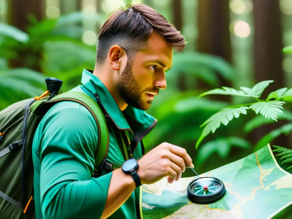 Explorador en bosque exuberante con mapas y brújulas eco amigables, resaltando la importancia de la navegación ecoconsciente