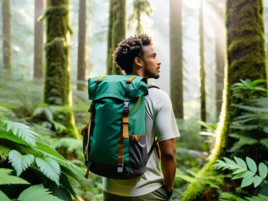 Explorador en bosque lluvioso usando ropa sostenible para expediciones naturales, rodeado de árboles altos y vegetación exuberante