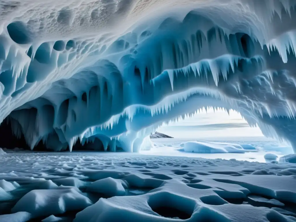 Explorando la belleza helada: Cueva de hielo en alta resolución Explorador en una cueva de hielo, con condiciones de vida desafiantes y texturas intrincadas en el hielo