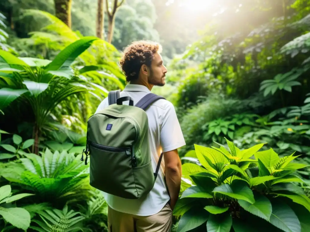 Explorador en permacultura en un bosque exuberante con mochila sostenible y botella reutilizable