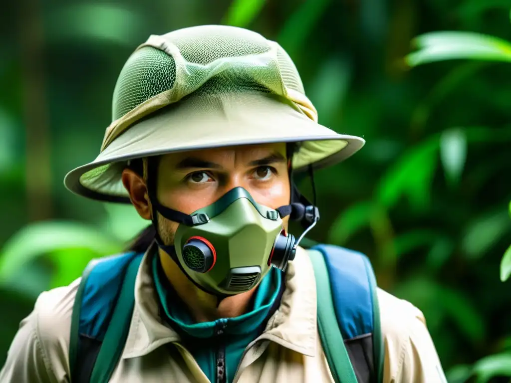 Explorador en la selva amazónica: protección y enfoque Explorador en la selva amazónica con equipo esencial para protección y observación del entorno natural