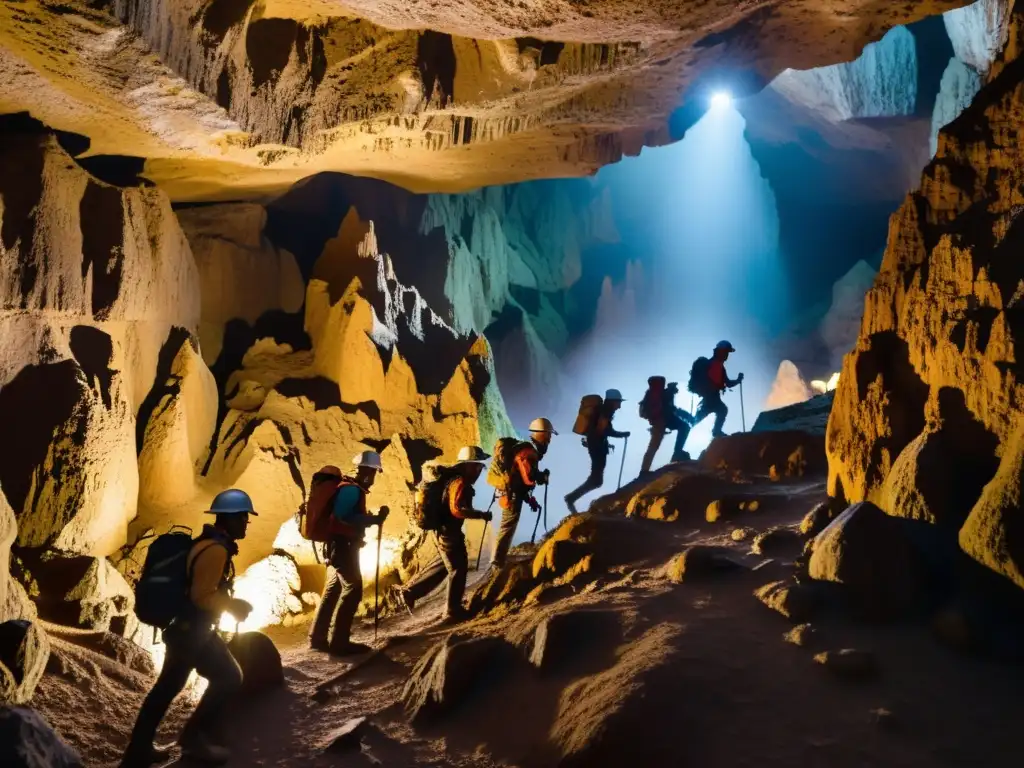 Exploradores con cascos y linternas en cueva