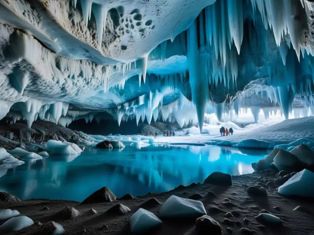 Exploradores en cueva de hielo Exploradores en cueva de hielo con estalactitas y estalagmitas relucientes