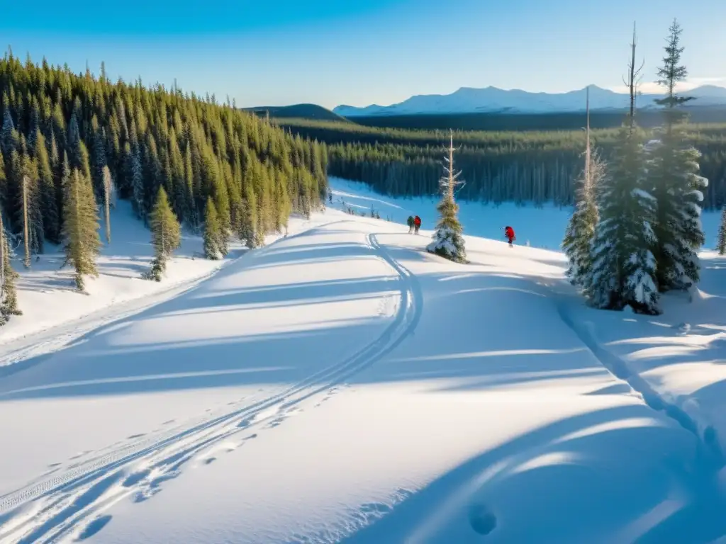 Exploradores atraviesan un denso bosque de taiga nevado, resaltando su rol como sumidero de carbono en el cambio climático