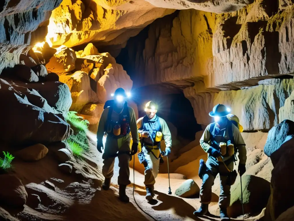 Exploradores equipados con linternas exploran cuevas, revelando la belleza oculta de los ecosistemas profundos