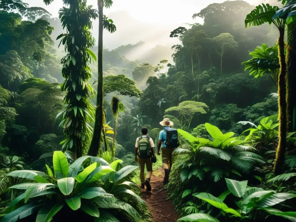 Expedición épica en la selva amazónica: aventura y supervivencia Exploradores con equipo esencial adentrándose en la selva amazónica, entre exuberante vegetación y árboles imponentes