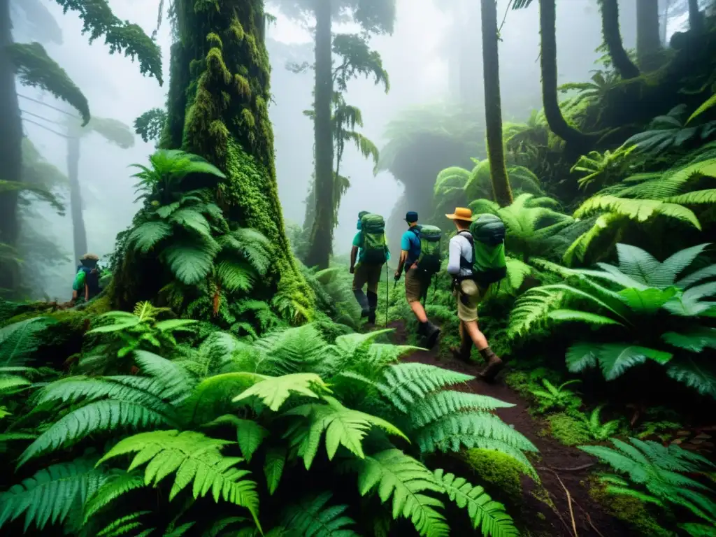 Exploradores en expediciones a ecosistemas aislados, adentrándose en un bosque mistico y exuberante