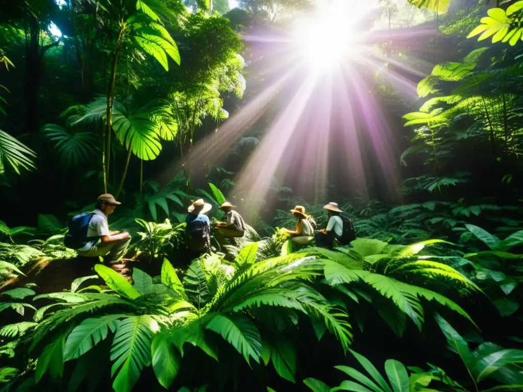 Exploradores documentando la biodiversidad en un exuberante bosque tropical