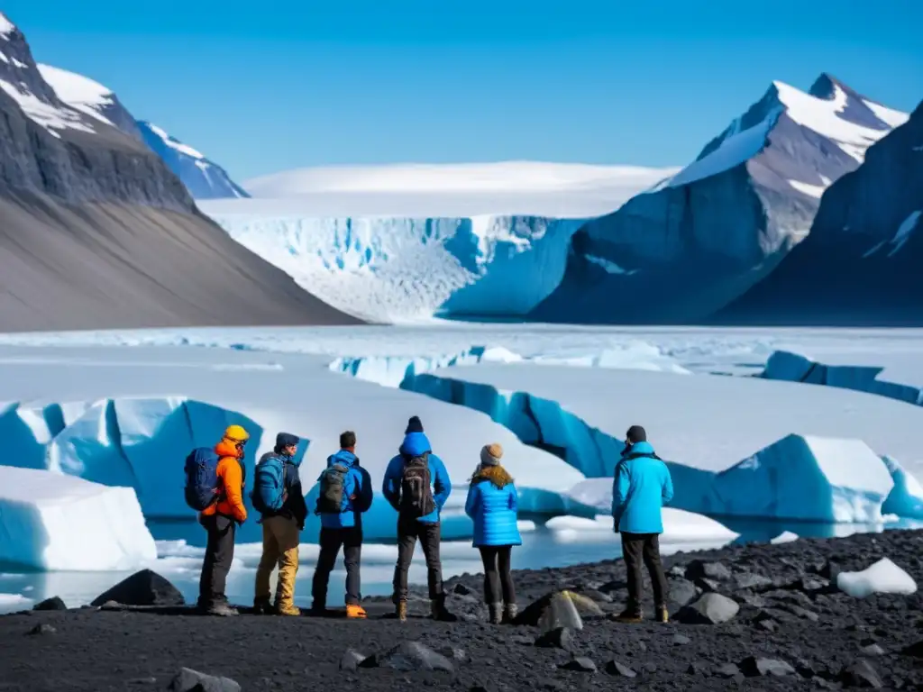 Exploradores admirando la inmensidad del glaciar en Groenlandia ártica