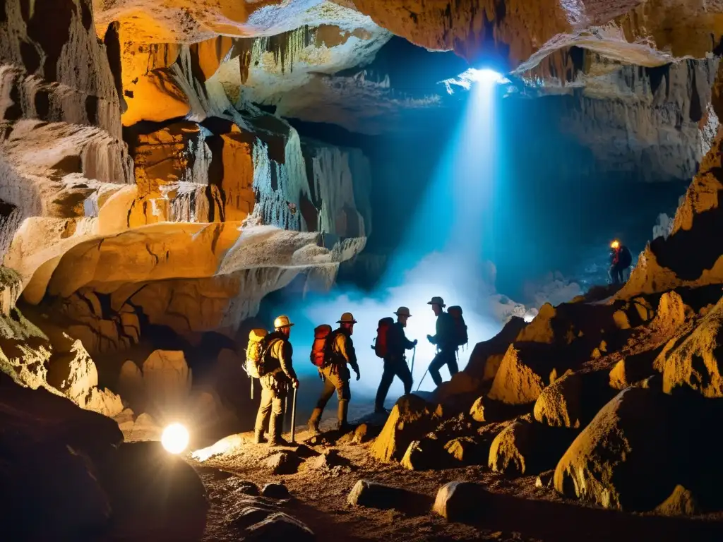 Exploradores con linternas descienden a una cueva, iluminando formaciones rocosas