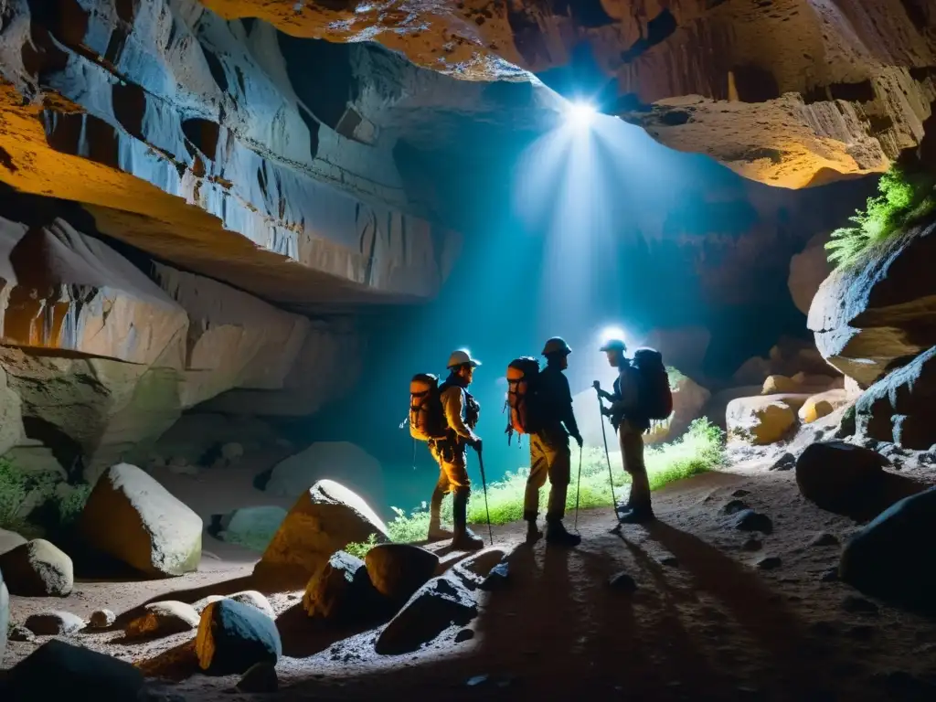 Exploradores con linternas y equipo de escalada exploran una cueva subterránea