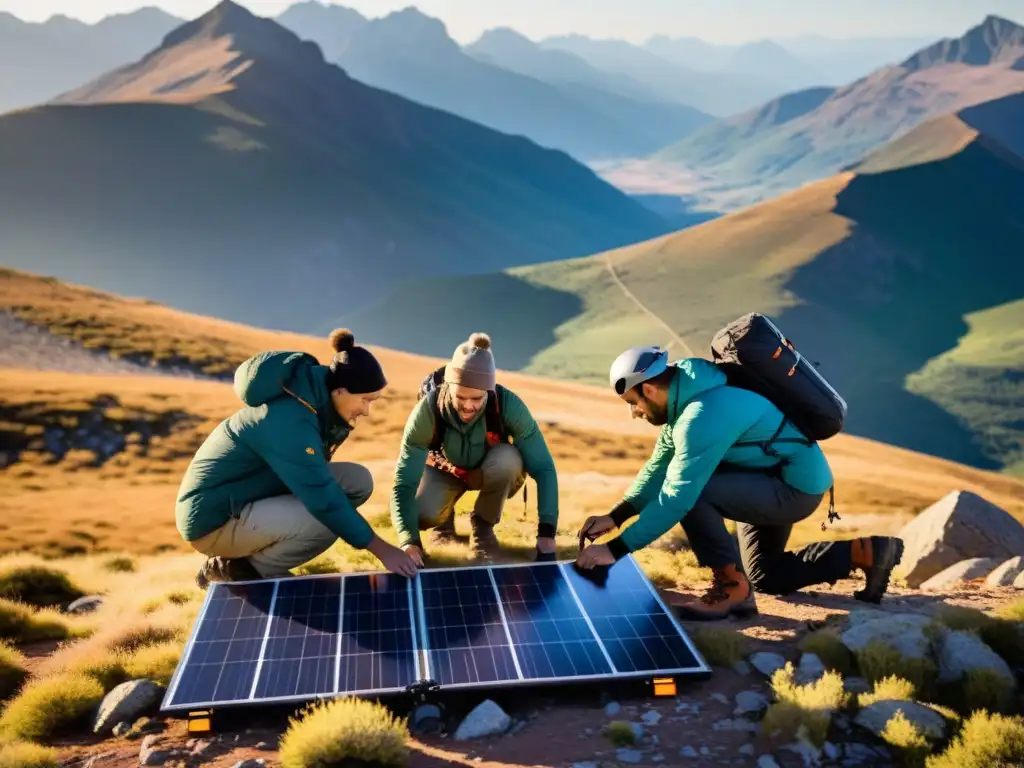 Exploradores ajustando paneles solares en montaña remota, con luz solar cálida sobre paisaje agreste