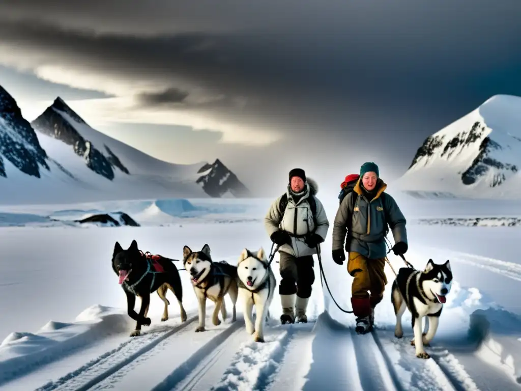Exploradores en la nieve: desafío polar Exploradores polares valientes enfrentando la nieve en búsqueda de descubrimientos