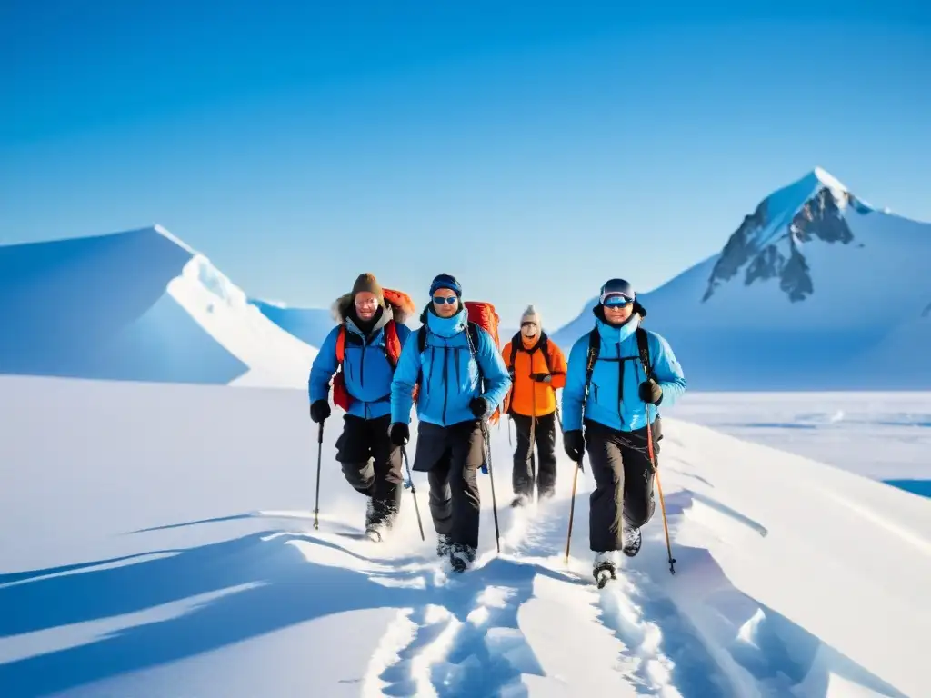 Expedición polar: valentía en la vastedad helada Exploradores polares valientes enfrentando la vasta y helada belleza, trudando por la nieve con determinación y valentía