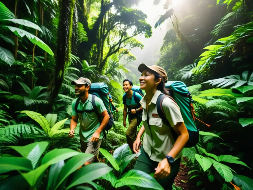 Exploradores con ropa sostenible para expediciones naturales recorren la exuberante selva, en armonía con el entorno