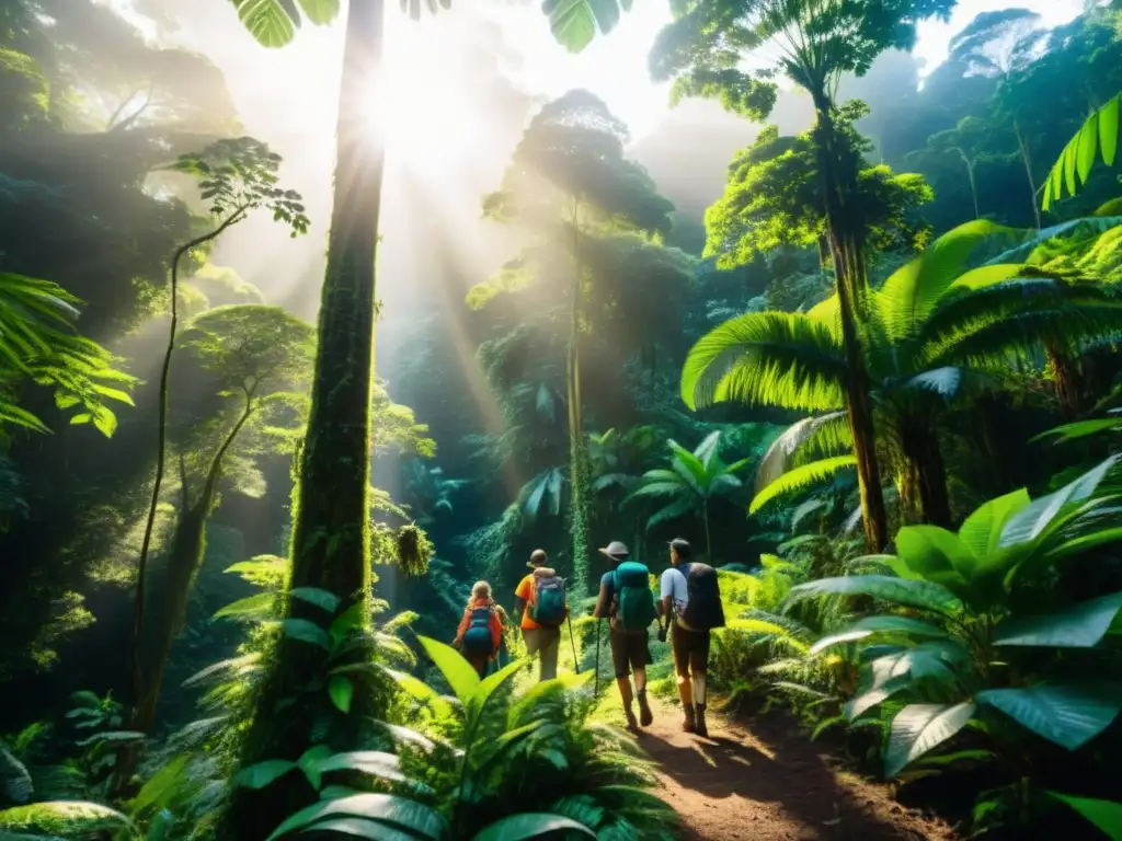 Exploradores con seguro de viaje ecológico, admirando la exuberante belleza de la selva tropical