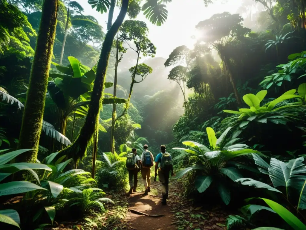 Exploradores adentrándose en la selva densa en busca de civilizaciones perdidas, bajo la sombra de árboles imponentes